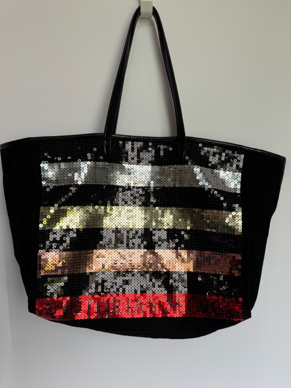 Victoria’s Secret Sequined Black Tote Bag with Metallic Stripe Accents
